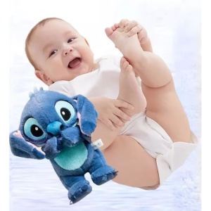 Set 2 Jucarii interactive de plus Lilo si Stitch, cu efecte luminoase si muzicale, care respira si calmeaza copilul, 15 cm lungime, albastru/roz - Img 2