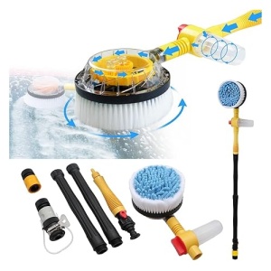 Set perie de spalat auto si accesorii, cu maner telescopic, rotativa 360°, cu recipient pentru detergent, lungime 100 cm, pentru spalare cu inalta presiune, negru/galben - Img 1