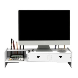 Suport multifuncional pentru monitor, TV, cu 2 sertare, greutate maxima suportata 10kg, din lemn si plastic, alb - Img 1