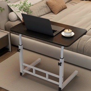 Birou multifuntional cu roti, inaltime reglabila, cadru metalic, blat lemn inchis, dimensiuni 80x40 cm, alb/lemn inchis - Img 2