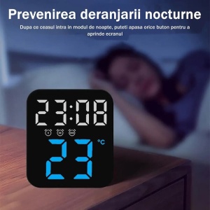 Ceas de masa, cu lumina led albastru, incarcare USB, alarme, calendar, temperatura, functie snooze, mod de noapte, dimensiuni 11 X 10 X 4 cm, negru/albastru - Img 2