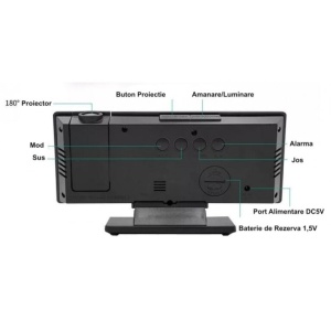 Ceas de masa, cu oglinda si proiectie, din PVC, cu 2 nivele de lumina, 2 alarme, afisaj de zi si luna, 185 X 76/96 X 27/45 mm, incarcare USB, negru/verde - Img 3