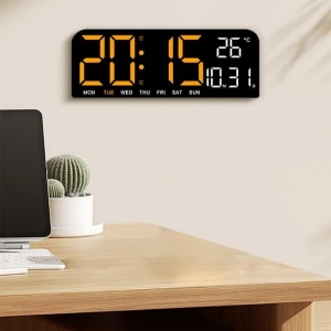 Ceas de masa si de perete, digital, cu lumina led portocaliu, calendar, cronometru, alarma, termometru, functie snooze, 2 moduri de iluminare, dimensiuni 24x9cm, negru/portocaliu - Img 1