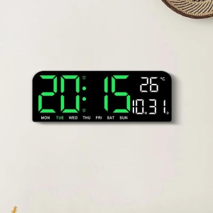 Ceas de masa si de perete, digital, cu lumina led verde, calendar, cronometru, alarma, termometru, functie snooze, 2 moduri de iluminare, dimensiuni 24x9cm, negru/verde - Img 2