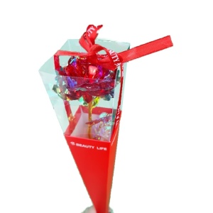 Floare decorativa, in cutie de cadou tip con, cu iluminare LED, buton On/OFF, rosu - Img 1