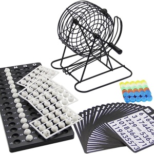 Joc de loterie tip Bingo, portabil, dimensiuni 21x21x20.5 cm, cu 75 de bile albe, pentru 4 jucatori, din metal si plastic, negru/alb - Img 3