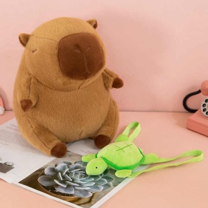 Jucarie de plus Capibara pentru copii, cu rucsac in forma de broasca testoasa, material moale la atingere, 25 cm, Maro - Img 3