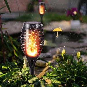 Lampa solara de gradina, tip torta, cu efect de flacara, lumina calda, rezistnta la apa si intemperii, din ABS, negru - Img 2