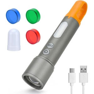 Lanterna LED, reincarcabile USB-C, cu 800 lumeni, cu comutator dublu, 9 moduri, IP65, lumini portabile, rezistente la apa, pentru urgente, camping, gri/galben - Img 1
