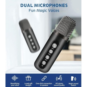 Microfon karaoke copii si adulti, cu difuzor separat, wireless, Bluetooth, modul card TF, 2 microfoane incluse, negru - Img 4
