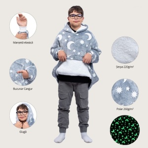 Patura cu maneci, tip hanorac lung, pentru copii/adulti, cu stelute FLUORESCENTE, din fleece captusit cu blana, cu buzunare, mansete si gluga, gri - Img 2