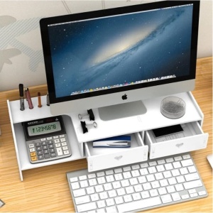 Suport multifuncional pentru monitor, TV, cu 2 sertare, greutate maxima suportata 10kg, din lemn si plastic, alb - Img 2