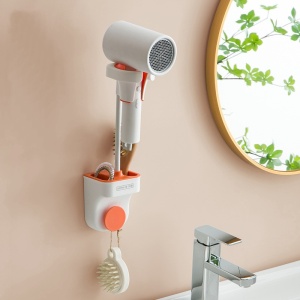 Suport pentru para de dus sau feon, multidirectional, din ABS, montare pe perete, lipire, rezistent, cu spatii de depozitare incorporate, alb/portocaliu - Img 1