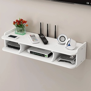 Suport pentru router si accesorii, dimensiuni 60 x 20 cm, cu 3 compartimente, montare pe perete, din PVC, finisaj mat, alb - Img 1