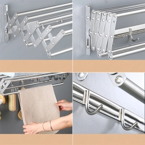 Suport pliabil pentru prosoape, din inox, cu 7 bare, 5 carlige, dimensiuni 12-35.5 cm x 58 cm x 14.5 cm, fixare pe perete, argintiu - Img 3