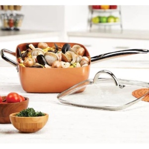 Tigaie 5 in 1 cu capac din sticla FOXMAG24, 24 cm x 9 cm, pentru fript, fiert, prajit, gatit la aburi, gatit la cuptor, culoare bronz - Img 2