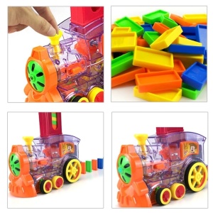 Trenulet de jucarie, tip domino, cu 80 de piese multicolore, functionare pe baterii, aranjare automata, din plastic, multicolor - Img 1
