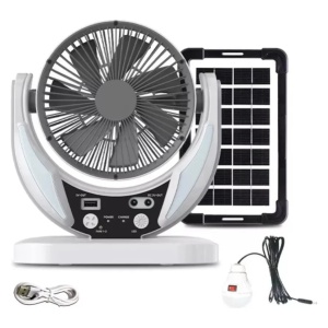 Ventilator de masa, cu incarcare solara, cu 2 becuri incluse, functie de powerbank, din ABS, cu USB, alb/gri - Img 3