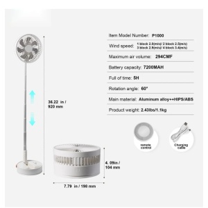 Ventilator portabil, ajustabil, incarcare USB, cu 4 viteze, inaltime reglabila 9,5cm- 102cm, din metal si plastic, ultra silentios, alb - Img 6