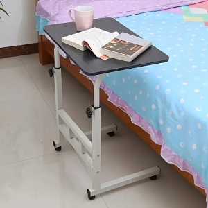 Birou multifuntional cu roti, inaltime reglabila, cadru metalic, blat lemn inchis, dimensiuni 80x40 cm, alb/lemn inchis - Img 3