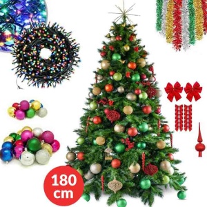 Brad de Craciun artificial, cu suport metalic, 180 cm inaltime, cu 43 de decoratiuni, globuri. beteala, lumini, din PVC, verde - Img 1