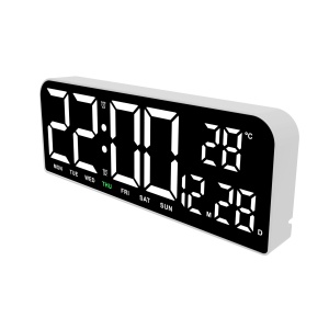 Ceas de masa si de perete, digital, cu lumina led alb, calendar, cronometru, alarma, termometru, functie snooze, 2 moduri de iluminare, dimensiuni 24x9cm, alb/negru - Img 1