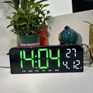 Ceas de masa si de perete, digital, cu lumina led verde, calendar, cronometru, alarma, termometru, functie snooze, 2 moduri de iluminare, dimensiuni 24x9cm, negru/verde - Img 3