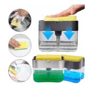 Dispencer pentru detergent de vase, cu suport pentru burete, din plastic, din ABS, cu doua compartimente, gri - Img 2