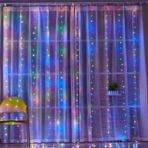 Instalatie luminoasa pentru Craciun, tip perdea, dimensiuni 3X3 m, cu 300 de LED-uri, cu telecomanda si carlige de prindere, multicolor - Img 2