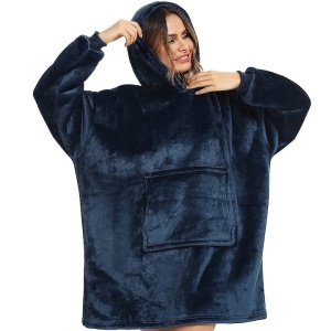 Patura cu maneci, tip hanorac lung, marime universala, din fleece captusit cu blana, cu buzunare, mansete si gluga, albastru - Img 2