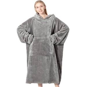 Patura cu maneci, tip hanorac lung, marime universala, din fleece captusit cu blana, cu buzunare, mansete si gluga, gri - Img 1