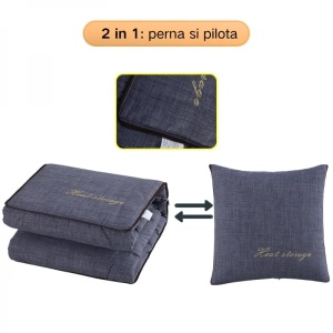 Perna si pilota, 2 in 1, dimensiuni 40 x 40 x 10 cm sau 110 x 150 cm, din material textil, cu 2 fermoare metalice bidirectionale, pentru auto, birou, living, voiaj, albastru - Img 4