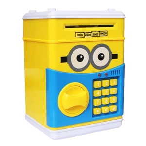 Pusculita interactiva pentru copii, cu functie ATM, cu cod pin, functionare cu baterii, galben/albastru - Img 1
