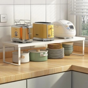 Raft extensibil pentru bucatarie, din metal, dimensiuni 38-60 cm (L) / 25 cm (H), cu suporturi antiderapante, usor de curatat, greutate maxima suportata 7-10 kg, alb - Img 1
