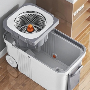 Set mop rotativ 360°, galeata centrifuga din inox, 4 rezerve, sistem evacuare apa, din inox si plastic, alb/gri - Img 4