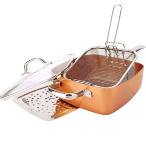 Tigaie 5 in 1 cu capac din sticla FOXMAG24, 24 cm x 9 cm, pentru fript, fiert, prajit, gatit la aburi, gatit la cuptor, culoare bronz - Img 3