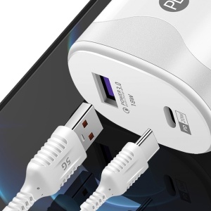 Adaptor pentru incarcator, 38W, 2 porturi, 1 USB + 1 tip C, incarcare rapida, USB pentru telefon mobil, alb - Img 2