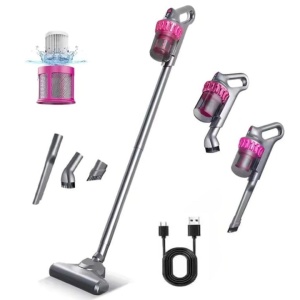 Aspirator vertical, fara fir, multifunctional, 3 viteze, putere 100 W, curatare praf eficienta, autonomie 30-45 min, cu accesorii pentru canapele si spatii inguste, negru/mov - Img 1