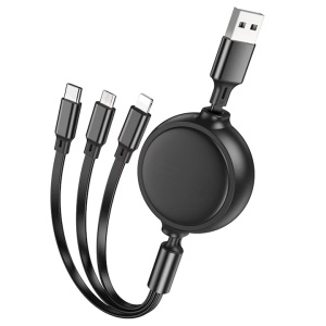 Cablu USB-A, tip C, Lightning, micro-USB, lungime 1m, cu 3 capete de incarcare, negru - Img 1