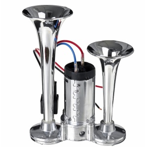 Claxon chrome cu 2 goarne si compresor, sunet clar datorita acoperirii cu crom a otelului inox, instalare pe orice tip de automobil, alimentare cu curent continuu, argintiu - Img 1
