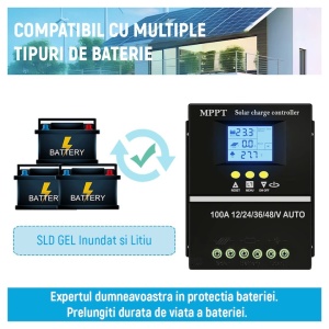 Controler de incarcare solar 100A, Regulator inteligent cu port USB dublu, parametrul automat PWM, display LCD, 7 moduri de functionare, 6 protectii functionale, 12V/24V/36V/48V, negru - Img 3