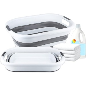 Cos de rufe tip lighean, pliabil, usor de depozitat, din plastic si silicon, cu manere, dimensiuni 53X38X23 cm, alb/gri - Img 3