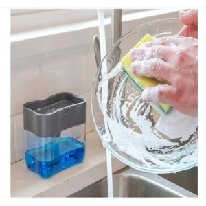 Dispencer pentru detergent de vase, cu suport pentru burete, din plastic, din ABS, cu doua compartimente, gri - Img 3