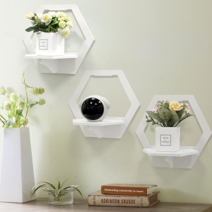 Etajera de perete, hexagon, dimensiuni 29 cm x 27 cm, cu polita de depozitare, din PVC, usor de asamblat, alb - Img 1