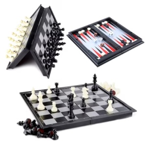 Joc 3 in 1, cu sah, dame si table, magnetic, dimensiuni 36 cm, metalic, alb/negru - Img 4