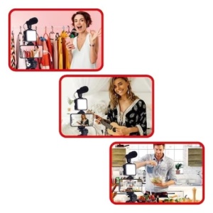 Kit de vlogging, cu microfon si trepied, cu suport de telefon reglabil, lumina LED, functioneaza cu baterii, negru - Img 2