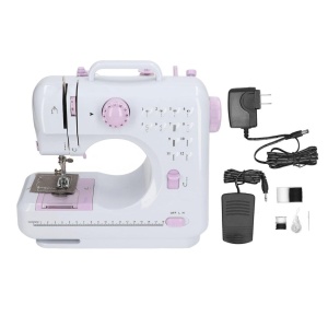 Masina de cusut, cu 12 modele de cusaturi, cu accesorii, gradat cu centimetrii, compact si portabil, alb/roz - Img 4