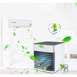 Mini aparat de aer conditionat, portabil, cu 3 functii de racire, lumina ambientala, cu apa sau gheata, din plastic, gri/alb - Img 1