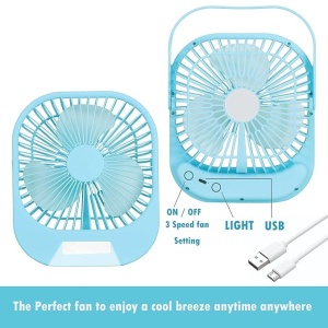 Mini ventilator de masa, cu 3 viteze, incarcare USB, suport sprijin/agatare, din ABS, cu grila de siguranta, albastru - Img 3