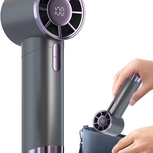 Mini ventilator portabil, cu 3 trepte de viteza, maner ergonomic, afisaj LCD, incarcare USB rapida, gri antracit - Img 1